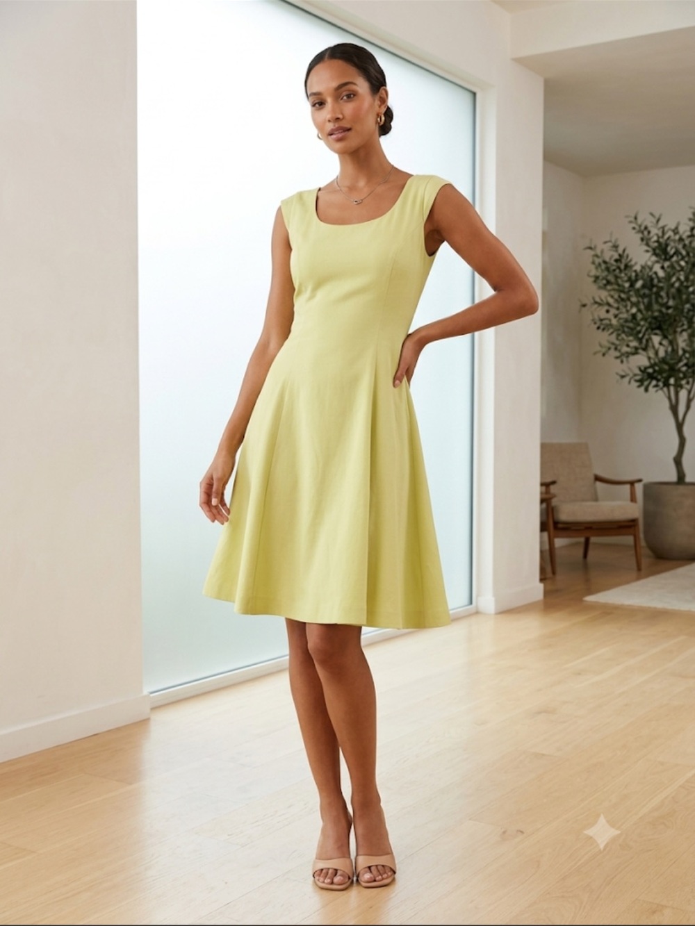 Tahari size 4 Light Lime Scoop Neck A-Line Midi Dress